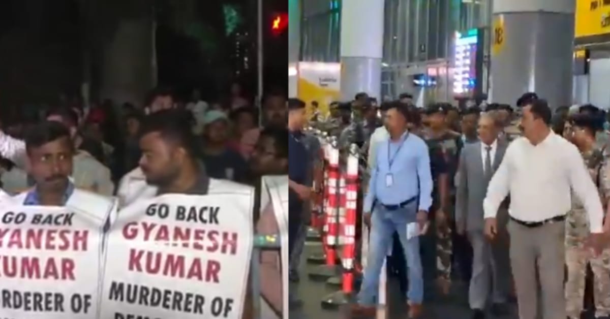কলকাতা বিমানবন্দরের বাইরে জ্ঞানেশ কুমারকে কালো পতাকা দেখিয়ে বিক্ষোভ